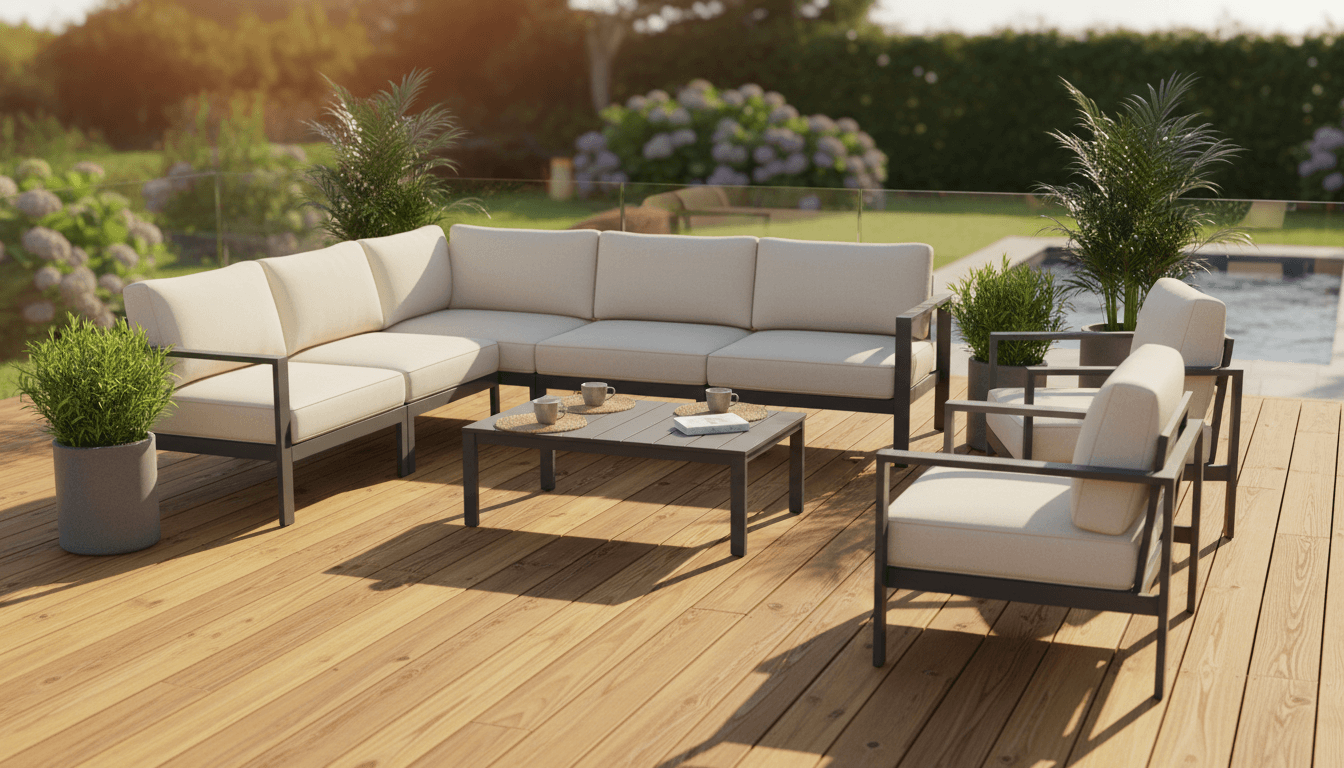 Fully assembled patio furniture set with soft cushions on a sunny deck
