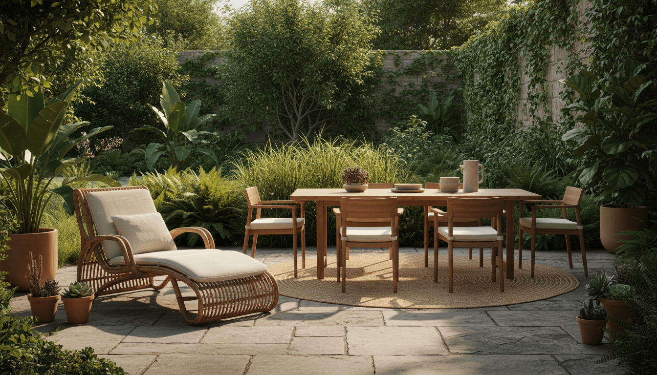 Modern patio furniture set arranged in backyard with warm natural light