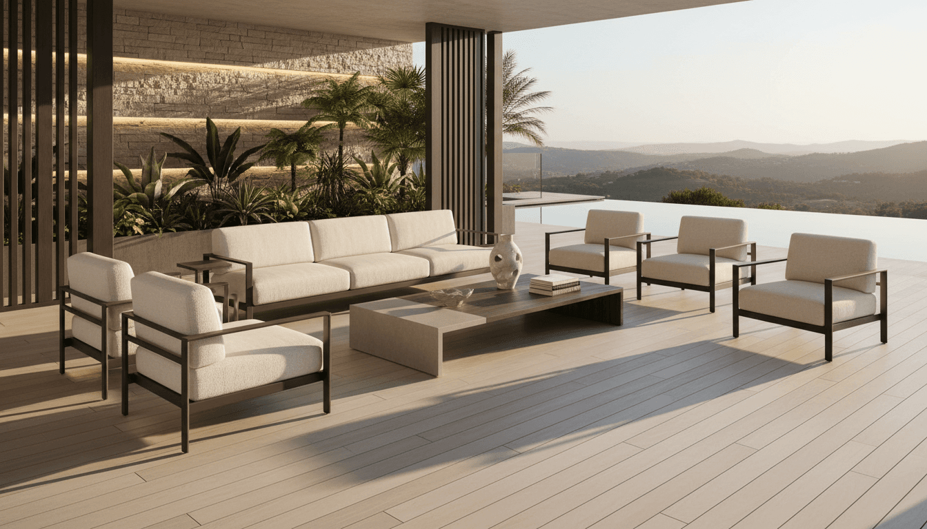Fully assembled patio furniture set displayed on outdoor deck with comfortable seating arrangement