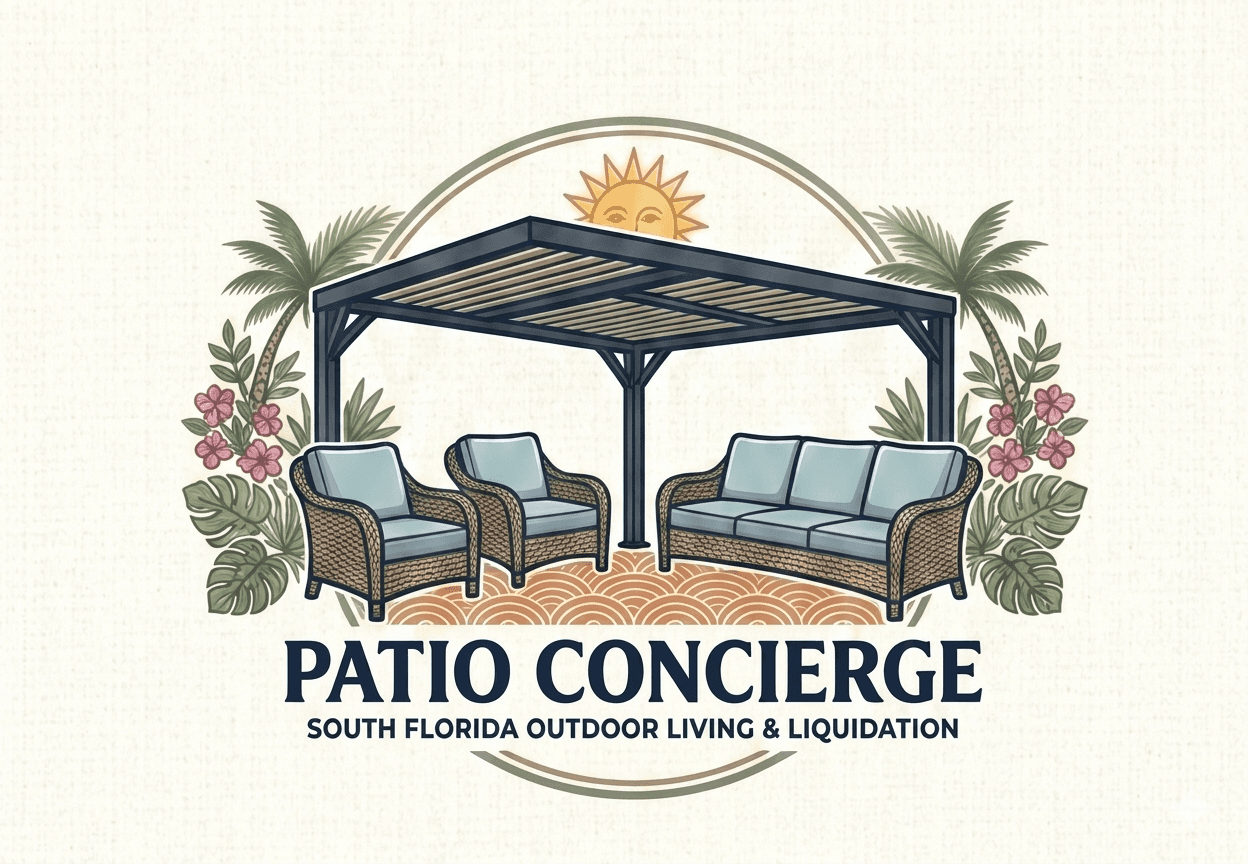 Patio Concierge logo featuring wicker furniture under a pergola with tropical plants and a sun.